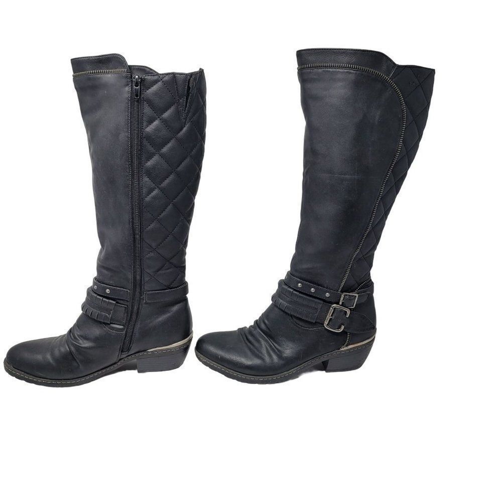 Rieker Vegan Leather Black Knee High‎ Zip Up Boots 40 Belted Buckle Quilted - Picture 3 of 12
